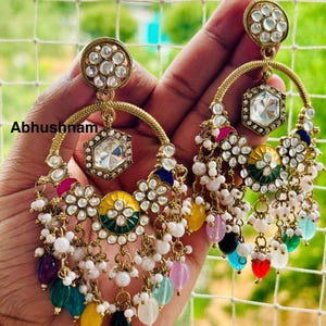 Ethnic Multicolor Kundan Floral Shape Premium Touch Jhumka Earrings For Women & Girls / Indian Jhumka/ Bollywood Jhumka/ Silver Jhumka
