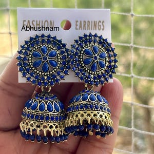 Ethnic Blue Kundan Floral Shape Premium Touch Jhumka Earrings For Women & Girls / Indian Jhumka/ Bollywood Jhumka/ Silver Jhumka