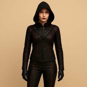 Black Leather-Look Superhero jacket | Hooded Jacket, Pants, Gloves costume