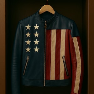 Handmade USA Flag Leather Jacket: Patriotic Red, White & Blue Outerwear