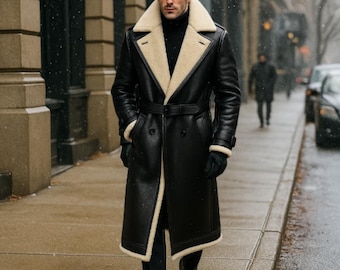 Men's Shearling Leather Trench Coat: Handmade Lambskin Overcoat