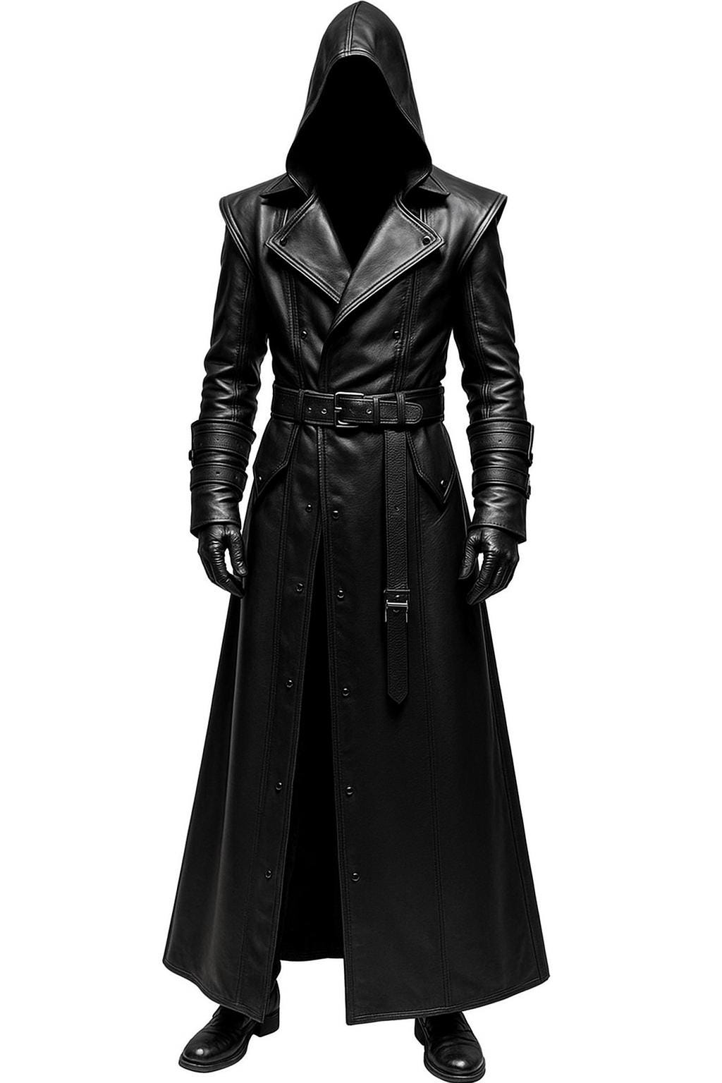 Men's Black Sheep Leather Hooded Trench Coat: Medieval Fantasy