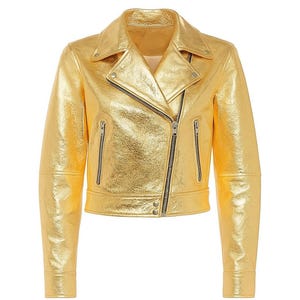 Blouson moto en cuir doré métallisé - Style motard brillant pour femme, vêtement d&#39;extérieur tendance, manteau mode festival