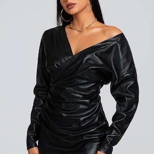 Premium Sheep Leather Off Shoulder Mini Dress – Black Ruched Bodycon Dress for Women – Long Night Out Party Outfit | Custom Size Available