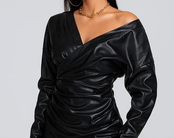 Premium Sheep Leather Off Shoulder Mini Dress – Black Ruched Bodycon Dress for Women – Long Night Out Party Outfit | Custom Size Available