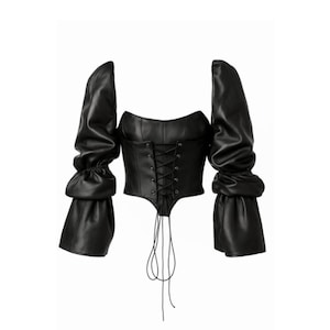 Handcrafted Black Sheep Leather Corset Top – Vintage Puff Sleeve Bustier for Women, Steampunk Gothic Fashion | Custom Size Available