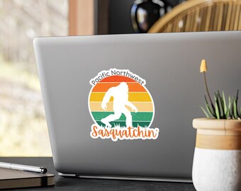Retro Sasquatch Sunset Sticker: Pacific Northwest Bigfoot Vinyl Decal
