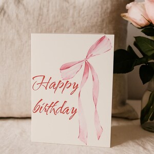 Biglietto di auguri di compleanno "Fiocco Rosa Coquette" - Biglietto digitale stampabile per lei con un'estetica minimale e carina, download immediato per moglie, fidanzata, mamma, migliore amica