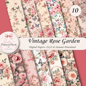 Puede incluir: Una colección de diez papeles digitales con un tema de jardín de rosas vintage. Cada papel presenta patrones florales con rosas y mariposas en tonos de rosa, crema y beige. El texto "Vintage Rose Garden" se muestra en la imagen.
