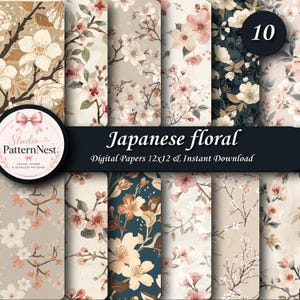 Puede incluir: Una colección de 10 papeles digitales con patrones florales japoneses con flores de cerezo sobre fondos beige, crema y azul oscuro. La imagen incluye el texto Studio PatternNest, Japanese floral, Digital Papers 12x12, Instant Download.