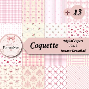 Puede incluir: Una colección de 15 papeles digitales en tonos rosa y crema, con varios patrones como cuadros, lazos, rayas y diseños florales. La imagen incluye el texto "Coquette" y "Digital Papers 12x12 Instant Download."