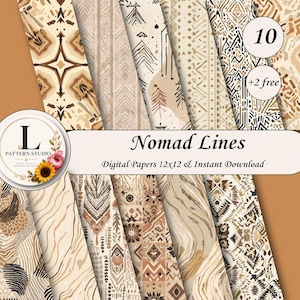 Nomad Lines Digital Paper Pack, Tribal Geometric Scrapbook Paper, Boho Printable Backgrounds, Seamless Ethnic Pattern
