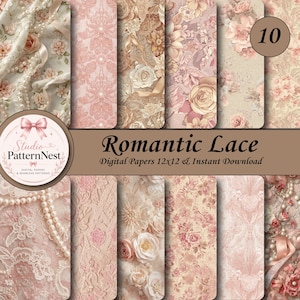 Puede incluir: Una colección de diez papeles digitales con diseños de encaje romántico en tonos rosa, beige y crema. Los papeles presentan patrones florales, texturas de encaje y detalles de perlas. El texto "Romantic Lace" es visible.