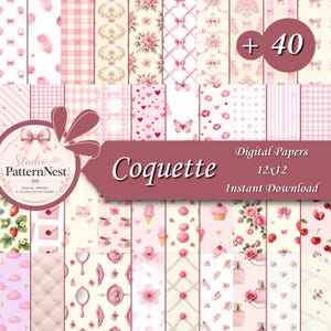 Puede incluir: Una colección de 40 papeles digitales en tonos rosas, con diversos patrones como lazos, flores y corazones. Los papeles miden 30,48 x 30,48 cm y están etiquetados como "Coquette" con el texto "Descarga instantánea".