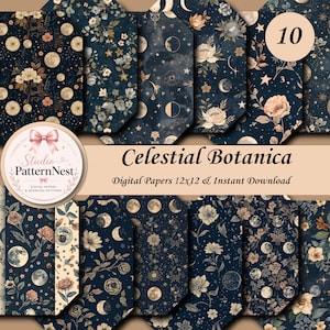 Puede incluir: Una colección de diez papeles digitales con temática celestial y botánica. Los papeles presentan un fondo azul oscuro con diseños florales y de luna. También se ve el texto "Celestial Botanica" y "Digital Papers 12x12 & Instant Download".