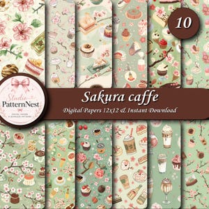 Puede incluir: Una colección de 10 papeles digitales con patrones continuos de flores de cerezo sakura y varios postres de cafetería, incluyendo cupcakes, pasteles y bebidas de café sobre un fondo verde claro, etiquetado Sakura caffe Digital Papers 12x12.