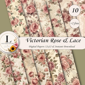 Puede incluir: Una colección de papeles digitales con patrones de rosas victorianas y encaje en tonos crema, beige y rosa empolvado. La imagen muestra varios diseños florales, el texto Victorian Rose & Lace, 10, +2 free y 12x12.