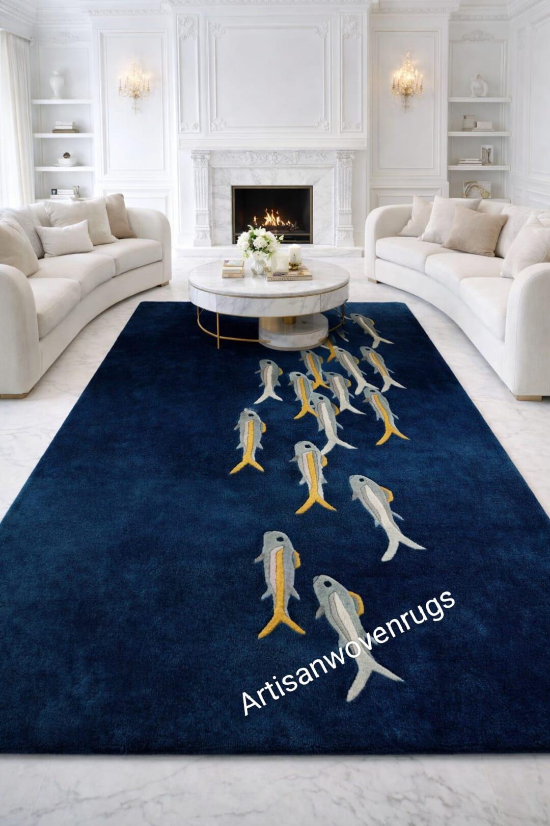 Deep Sea Inspired Designer Carpet Premium Navy Blue Fish Art Rug ...