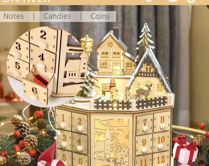Wooden Christmas Advent Calendar House LED Lights Drawers Included