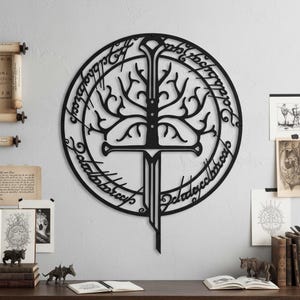 May include: Black metal wall art featuring a tree design with a sword, encircled by text. The artwork is mounted on a white wall, with vintage-style scrolls and framed prints nearby. The overall theme is fantasy.