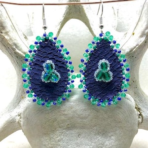 Alaskan Native handcrafted salmon leather beaded teardrop earrings