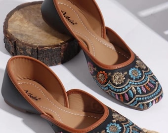 Beige Embroidered Leather Mojari Jutti: Indian Khussa Shoes