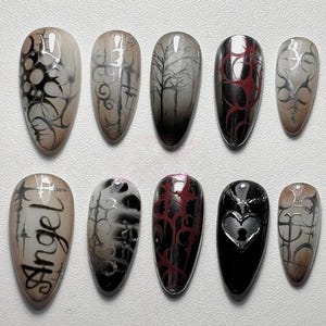 Dark Grunge Press on Nails, Cyber Sigilism Art with Dead Tree Design, Hand Painted Angel Script, Heart Padlock Nails, Full Set