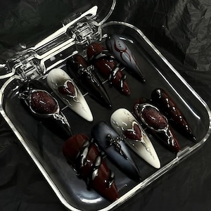 Gothic Stiletto Press On Nails Set, Black Red Heart Nails, Long Glossy Fake Nails, Dark Aesthetic Nail Art