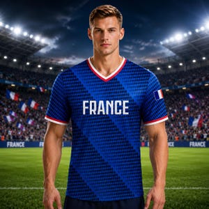 Op de afbeelding: Een blauw Frankrijk voetbalshirt met witte en rode randen op de kraag en mouwen. Het woord "FRANCE" is in het wit over de borst gedrukt. De Franse vlag staat op de rechter mouw. Het shirt wordt in een stadion gedragen.