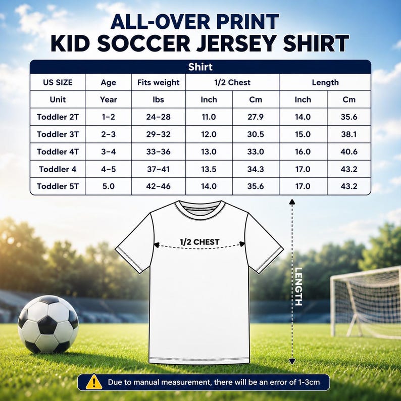 Op de afbeelding: Wit peuter voetbalshirt met maattabel. De tabel bevat borst- en lengtematen in inches en centimeters. Een voetbal ligt op het groene gras voor het shirt. De tekst luidt "ALL-OVER PRINT KID SOCCER JERSEY SHIRT".