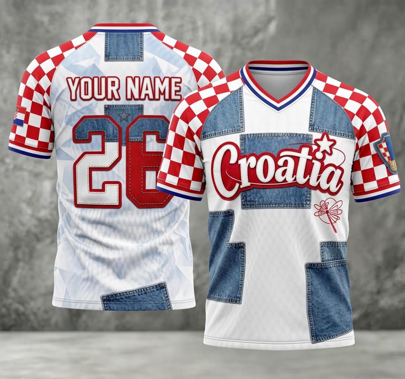 May include: White and blue soccer jersey with red and white checkered sleeves. The jersey features denim-style patches, the word "Croatia" in red, and the number "26" on the back. The text "YOUR NAME" is above the number.