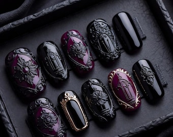 Luxe gotische plaknagels, zwarte en dieppaarse nagels, 3D vintage reliëfnagels, donkere academische nagels, baroknagels, handgemaakt cadeau
