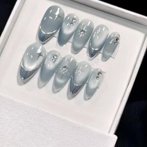 Silver Gray Cat Eye Press On Nails | Star Rhinestone Magnetic Stiletto Nails | Luxury Medium Long Almond Fake Nails Set