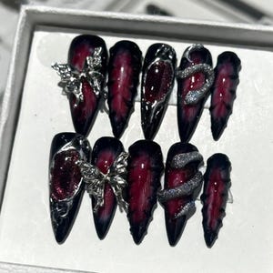 Dark Gothic Snake Butterfly Press On Nails, Blood Red Black Chrome 3D Snake Butterfly Nail Art, Long Stiletto Fake Nails Handmade Reusable