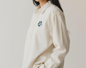 Cream Unisex Button-Up Shirt with Earth Embroidered Patch – Oversized Cotton Shirt – Minimalist Neutral Top