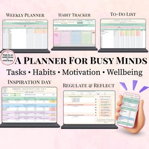 Può includere: Planner digitale con sezioni per la pianificazione settimanale, il monitoraggio delle abitudini e le liste di cose da fare. L'immagine include un telefono che mostra un'app di pianificazione. Il testo sull'immagine recita "A Planner for Busy Minds: Tasks, Habits, Motivation, Wellbeing."