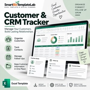 Könnte beinhalten: Eine digitale Excel-Vorlage für Kunden- und CRM-Tracking auf einem Laptop-Bildschirm. Die Benutzeroberfläche zeigt Diagramme, Kundenübersicht, Status und Follow-up-Bereiche. Der Text umfasst SmartBizTemplateLab, Organize Customers, Track Contacts, Manage Follow-Ups und Keep Customer Information in One Place.