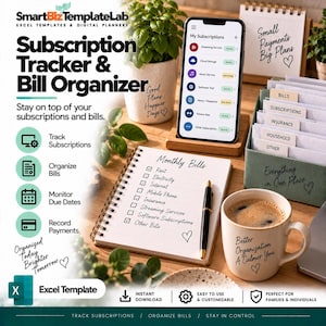 Könnte beinhalten: Eine Excel-Vorlage zur Abonnement-Verwaltung und Rechnungs-Organisation auf einem Smartphone-Bildschirm, neben einem Spiralblock mit einer monatlichen Rechnungsliste, einem Stift, einer Keramiktasse und einem grünen Aktenordner mit Registerkarten.