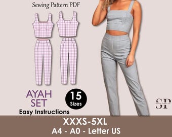 Patron de couture pour haut court et pantalon ajusté : ensemble d'été pour femme (Patron PDF)