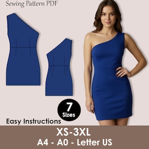 May include: A blue one-shoulder dress, shown on a model and as a sewing pattern. The image includes the text "Sewing Pattern PDF", "Easy Instructions", and size information: XS-3XL, A4-A0, Letter US. The dress is a mini-length, bodycon style.