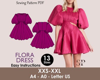 May include: A magenta Flora dress sewing pattern PDF with easy instructions. The image shows a woman wearing the dress, and two illustrations of the dress. The pattern includes 13 sizes, from XXS to XXL, and is available in A4, A0, and Letter US formats.