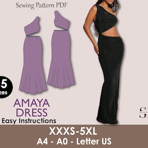 Könnte beinhalten: Ein Schnittmuster-PDF für ein schwarzes und lila Kleid. Das Bild zeigt ein schwarzes Kleid an einem Model und eine lila Kleid-Illustration. Der Text lautet "AMAYA DRESS" und "Easy Instructions". Größen: XXXS-5XL.