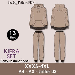 Op de afbeelding: Een naaipatroon PDF voor de Kiera Set, inclusief een hoodie en joggingbroek, in maten XXXS-4XL. De illustratie toont voor- en achteraanzichten van de outfit in beige met donkerbruine afwerking.