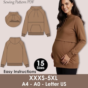 Puede incluir: Un patrón de costura PDF de sudadera con capucha de maternidad marrón con instrucciones fáciles. El patrón incluye 15 tallas, de XXXS a 5XL, y es compatible con los tamaños de papel A4, A0 y Letter US. La imagen también muestra a una mujer usando la sudadera.