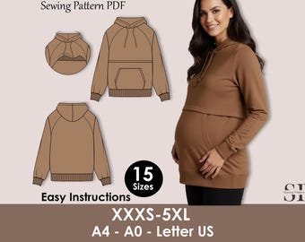 Maternity Nursing Hoodie Sewing Pattern PDF – Breastfeeding Sweatshirt Pattern – Fleece Women’s Hoodie