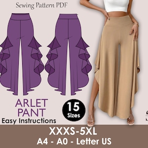 May include: A sewing pattern PDF for Arlet pants, featuring a purple illustration of the pants with ruffle details. The image also shows a person wearing beige pants with a similar design. The pattern includes 15 sizes, from XXXS to 5XL.