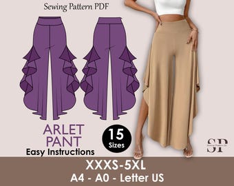 Wide Leg Ruffle Pants Sewing Pattern – Flared Side Panel (PDF)