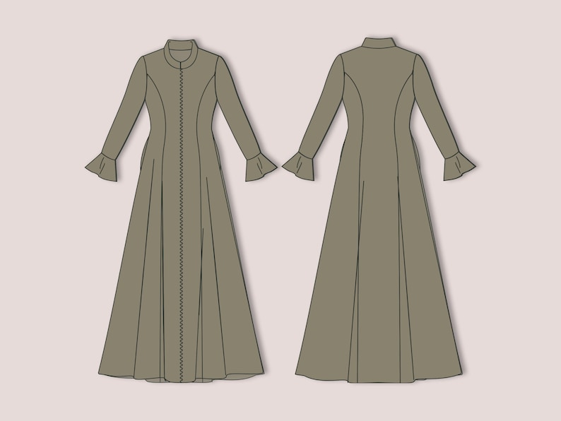 Medieval Cloak Dress Sewing Pattern PDF, Zipper Front Coat XS-3XL, Renaissance Costume PDF, Long Flared Dress Pattern
