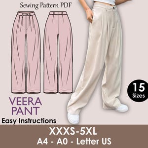 Puede incluir: Un patrón de costura PDF para el pantalón Veera, con instrucciones fáciles y tallas XXXS-5XL. La imagen muestra un pantalón rosa claro y una persona que lleva un pantalón beige. El patrón incluye 15 tallas.
