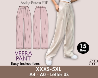 VEERA Pant Sewing Pattern | Wide classic | pleat pant | straight | casual| Elastic waist| Women sewing pattern| Digital Pants Trousers PDF